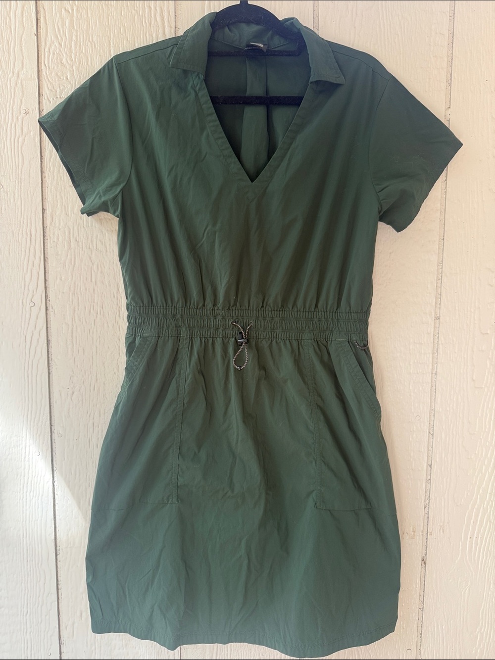 REI Dark Olive Drawstring V-Neck Short Sleeve Mini Dress